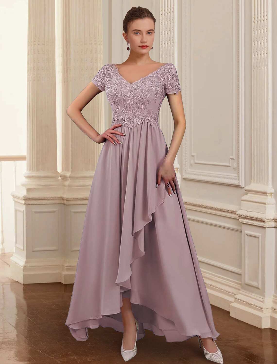 Luolandi Two Piece A-Line Mother of the Bride Dress Formal Wedding Guest Elegant High Low V Neck Asymmetrical Ankle Length Chiffon Lace 3/4 Length Sleeve Jacket Dresses