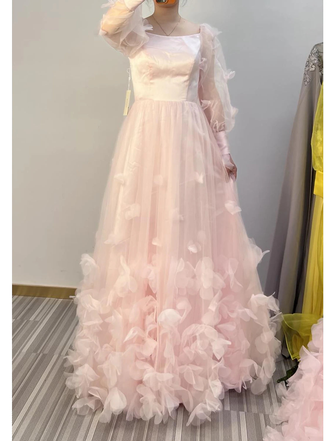 Luolandi A-Line Prom Dresses Maxi Dress Sweet 16 Birthday Floor Length Long Sleeve Scoop Neck Tulle with Appliques