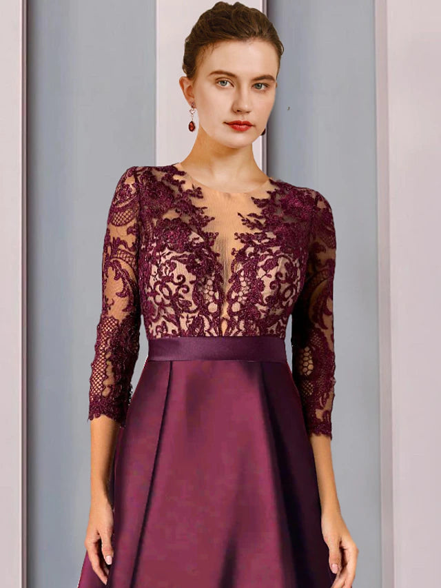 Luolandi A-Line Mother of the Bride Dress Formal Church Elegant High Low Scoop Neck Asymmetrical Tea Length Satin Lace 3/4 Length Sleeve