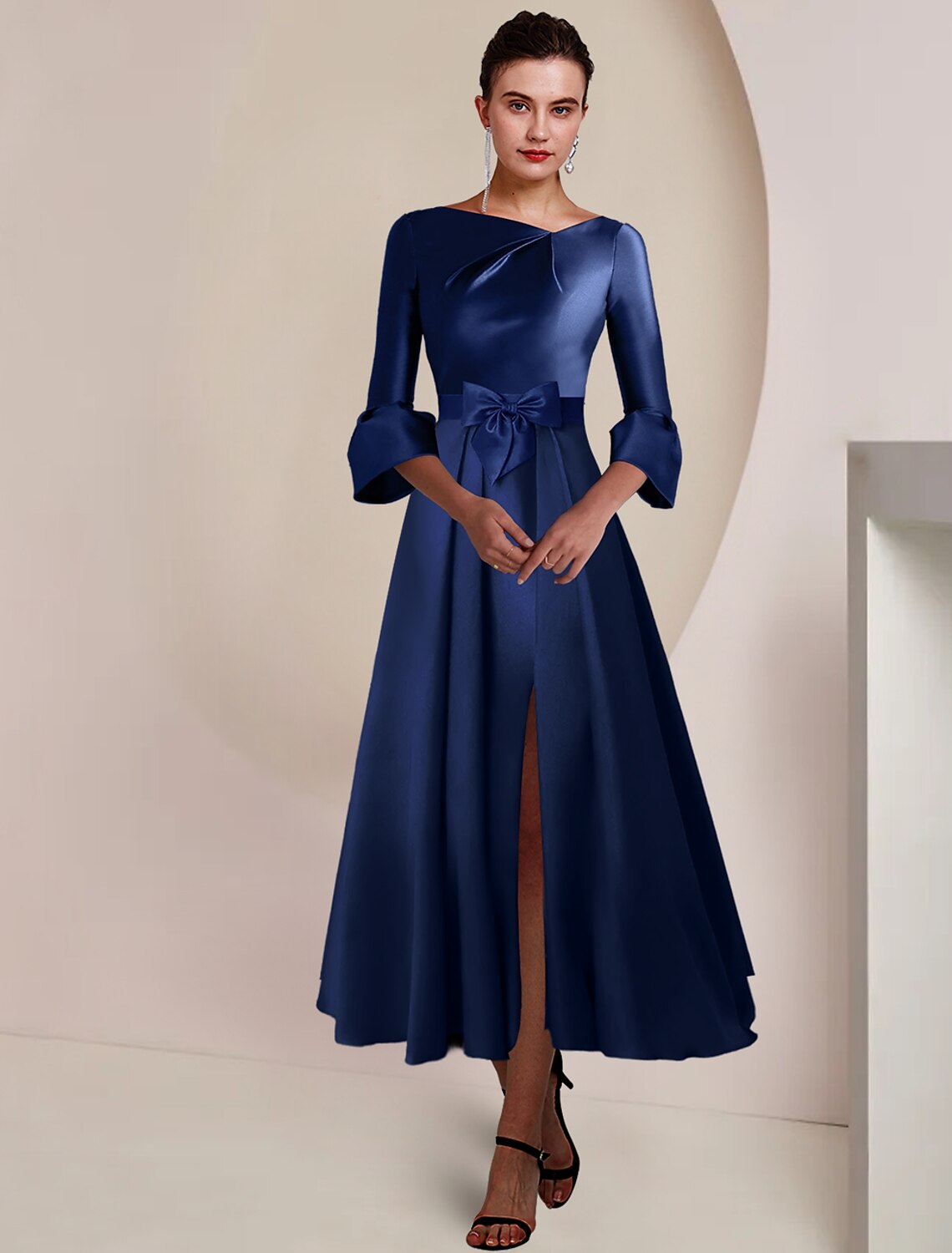 Luolandi A-Line Mother of the Bride Dress Formal Wedding Guest Party Elegant Bateau Neck Tea Length Satin 3/4 Length Sleeve with Bow(s)