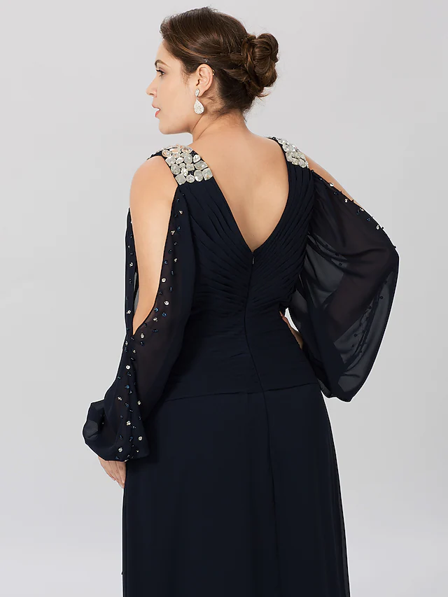 Luolandi Mother of the Bride Dress Classic & Timeless Elegant & Luxurious Plus Size V Neck Asymmetrical Chiffon Satin Long Sleeve with Criss Cross Crystals Dark Navy