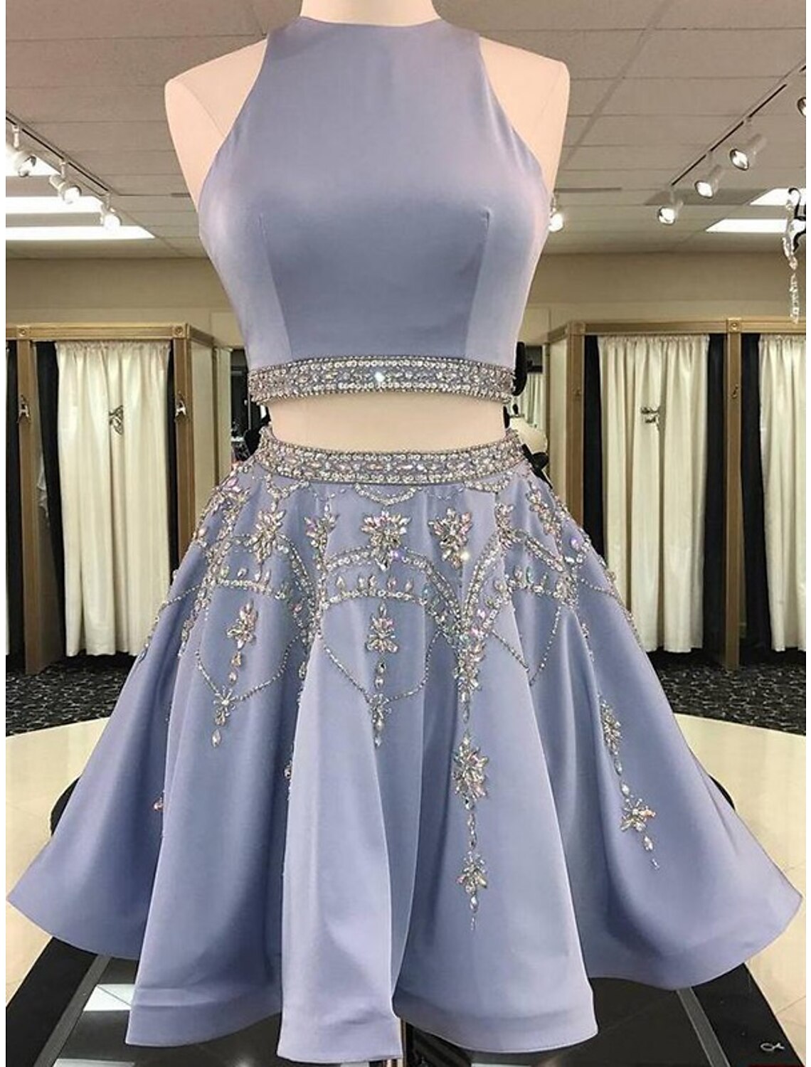 Luolandi Two Piece Homecoming Dresses Elegant Dress Holiday Short Sleeveless Jewel Neck Satin with Beading