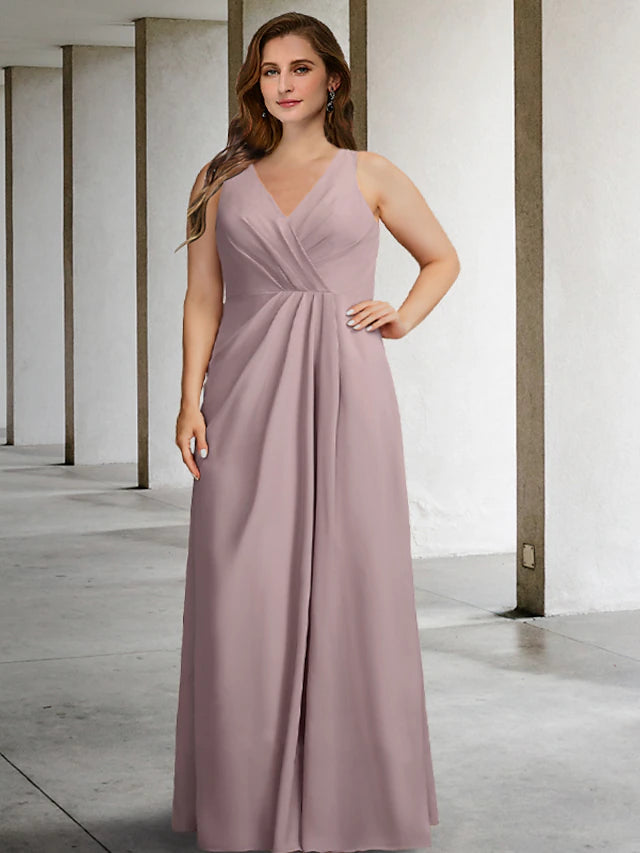 Luolandi Two Piece A-Line Plus Size Curve Mother of the Bride Dresses Elegant Dress Formal Floor Length Sleeveless V Neck Chiffon with Pleats