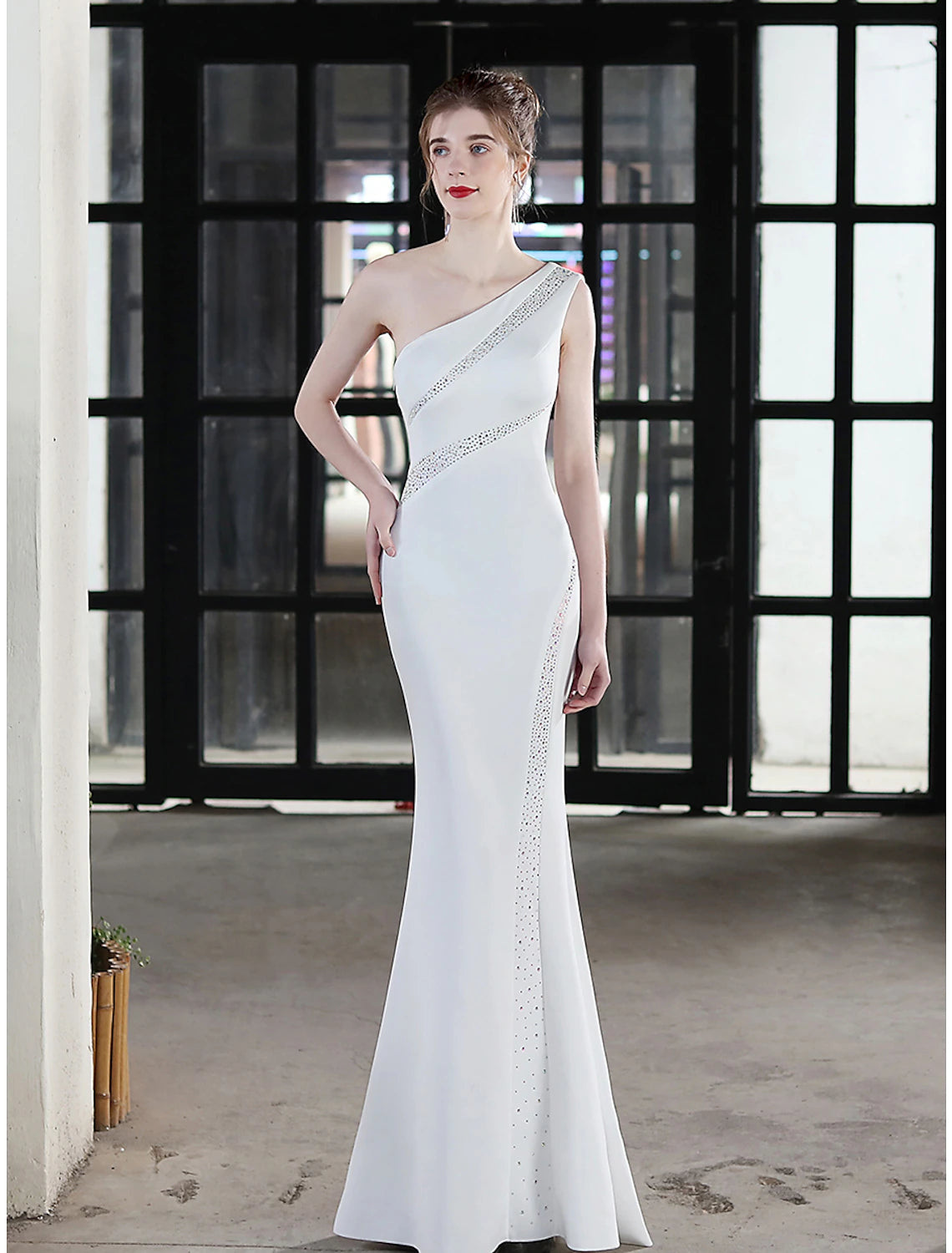 Luolandi Mermaid / Trumpet Evening Gown Sexy Dress Wedding Guest Formal Evening Floor Length Sleeveless One Shoulder Satin