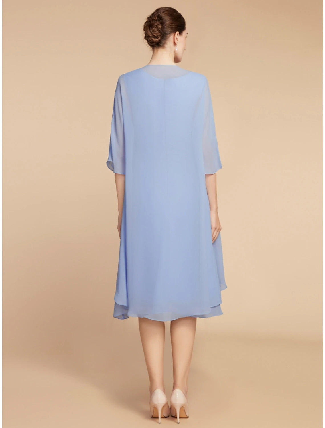 Luolandi Two Piece Sheath / Column Mother of the Bride Dress Wedding Guest Elegant Petite Scoop Neck Knee Length Chiffon Lace Half Sleeve with Ruching