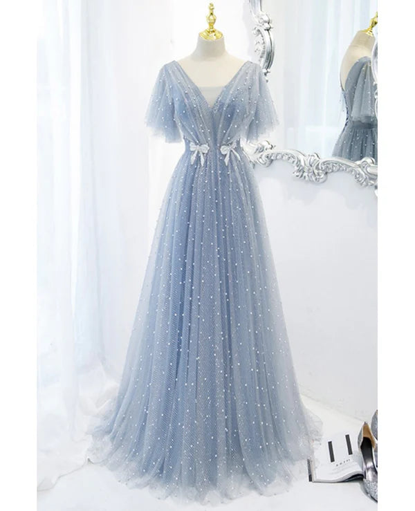 Luolandi Sweet and elegant sky blue beaded short sleeved sheer ball dress A-shaped backless strap and ground length prom dress