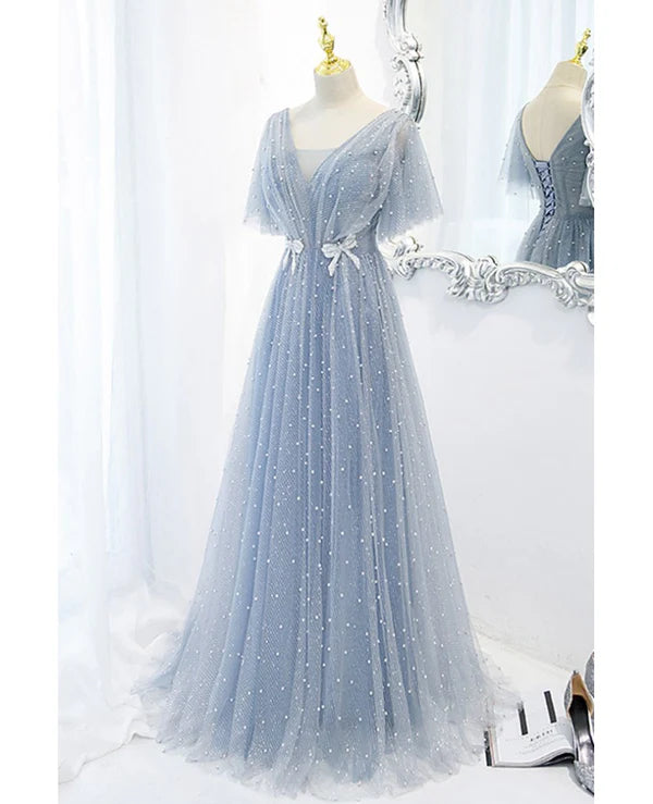 Luolandi Sweet and elegant sky blue beaded short sleeved sheer ball dress A-shaped backless strap and ground length prom dress