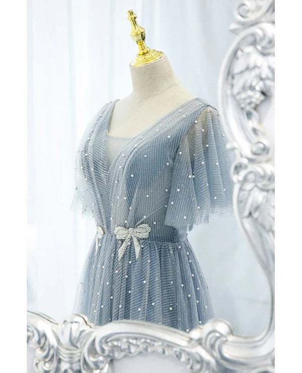Luolandi Sweet and elegant sky blue beaded short sleeved sheer ball dress A-shaped backless strap and ground length prom dress