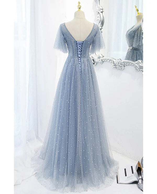 Luolandi Sweet and elegant sky blue beaded short sleeved sheer ball dress A-shaped backless strap and ground length prom dress