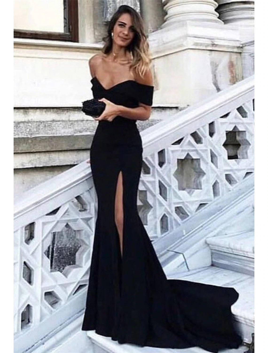Luolandi Sheath / Column Elegant Prom Formal Evening Dress Off Shoulder Sleeveless Court Train Spandex