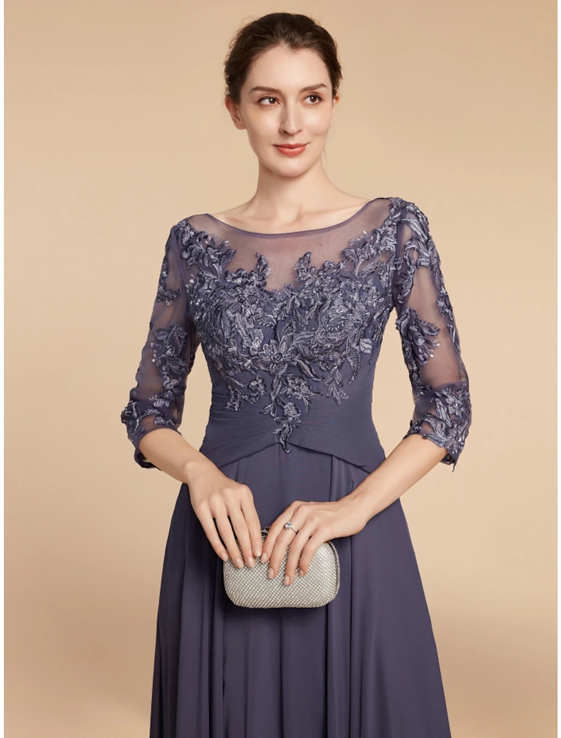 Luolandi A-Line Mother of the Bride Dress Wedding Guest Elegant Scoop Neck Floor Length Chiffon Lace 3/4 Length Sleeve with Ruching