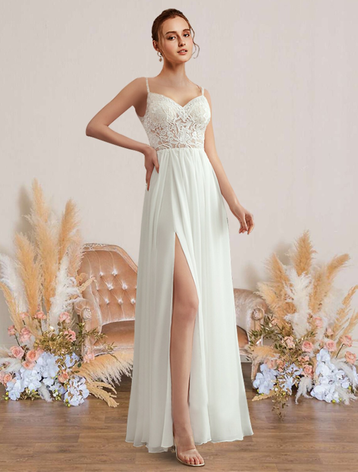 Luolandi Romantic Beach Long Wedding Dresses A-Line Spaghetti Strap Sweetheart V Neck Chiffon With Pleats
