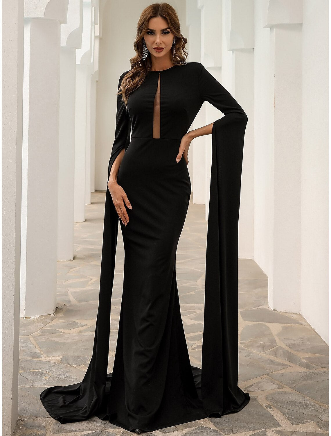 Luolandi Black Mermaid / Trumpet Evening Gown Elegant Dress Formal Fall Court Train Long Sleeve Jewel Neck Fabric