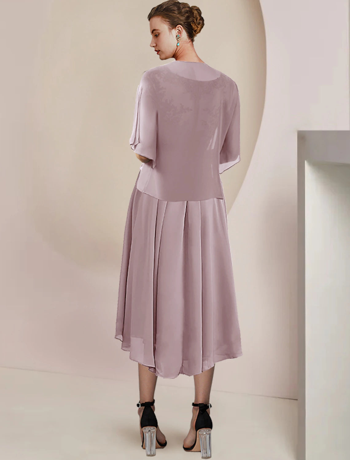 Luolandi Two Piece A-Line Mother of the Bride Dress Formal Wedding Guest Elegant V Neck Asymmetrical Tea Length Chiffon Lace Short Sleeve Wrap Included with Pleats