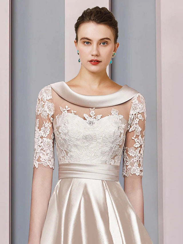 Luolandi A-Line Mother of the Bride Dress Wedding Guest Elegant High Low Scoop Neck Asymmetrical Tea Length Satin Lace Half Sleeve