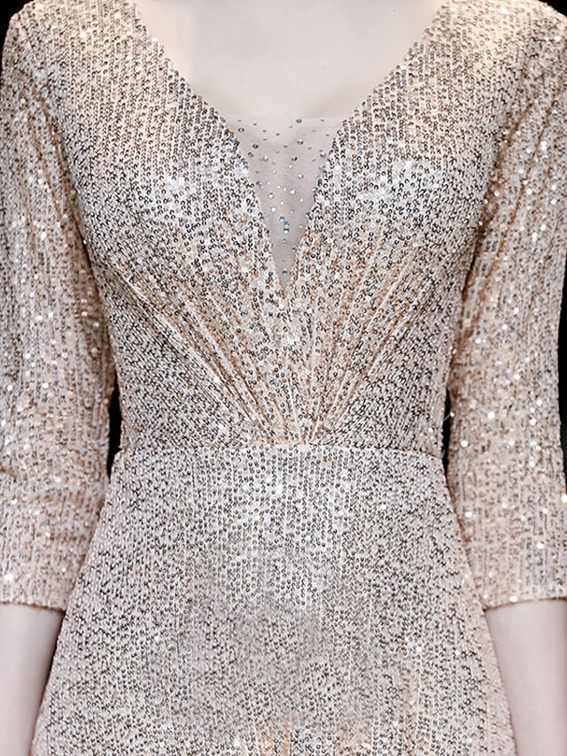 Luolandi A-Line Prom Dresses Sparkle Dress Engagement Floor Length 3/4 Length Sleeve V Neck Sequined with Pleats