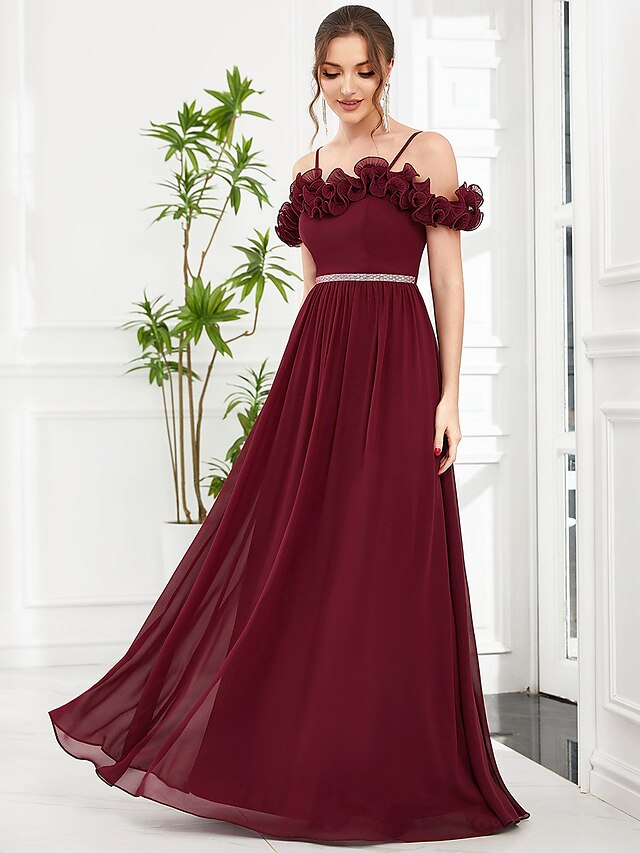 Luolandi A-Line Prom Dresses Vintage Dress Wedding Guest Floor Length Sleeveless Off Shoulder Chiffon with Appliques Flower
