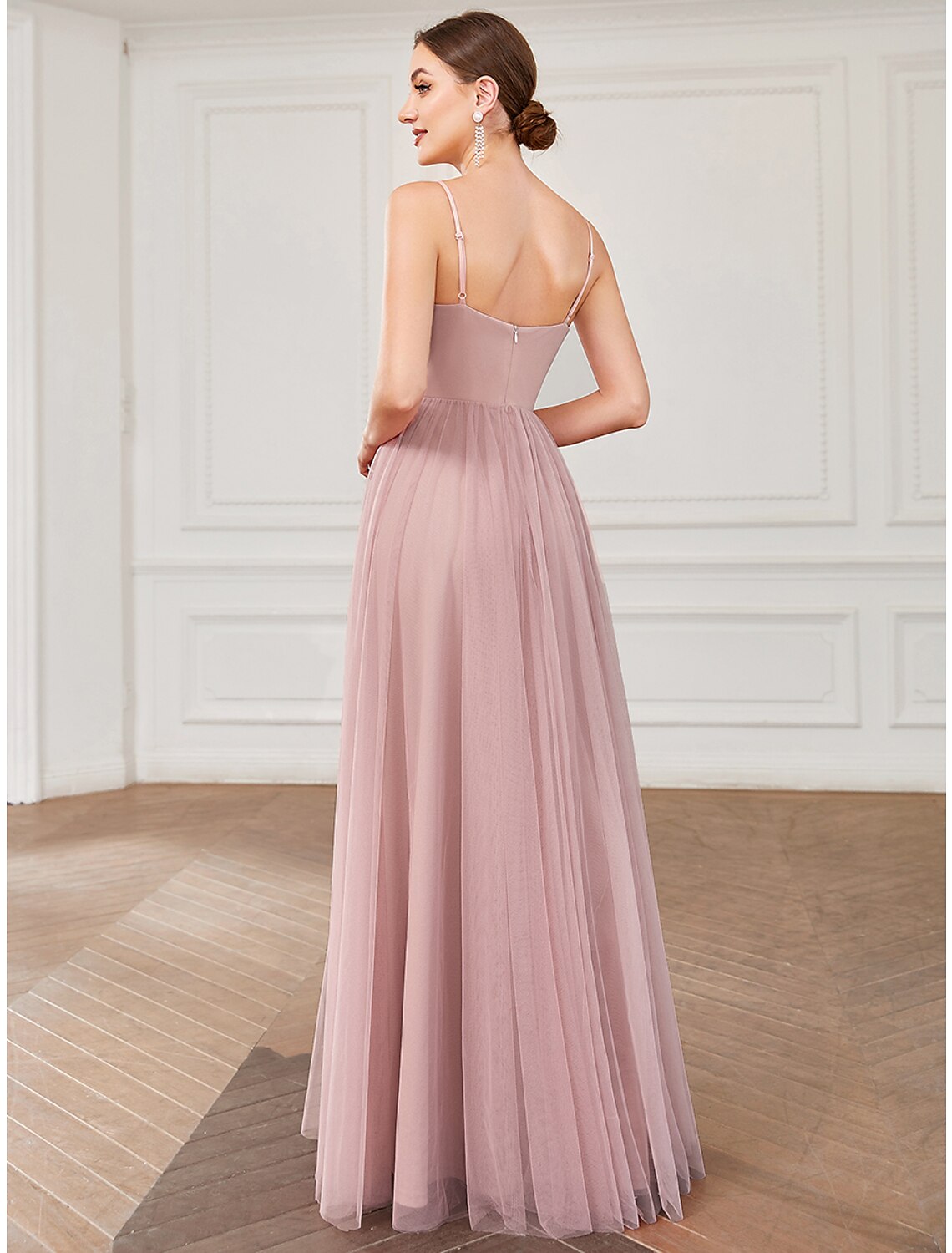 Luolandi A-Line Prom Dresses Vintage Dress Wedding Guest Floor Length Sleeveless V Neck Tulle V Back with Pleats