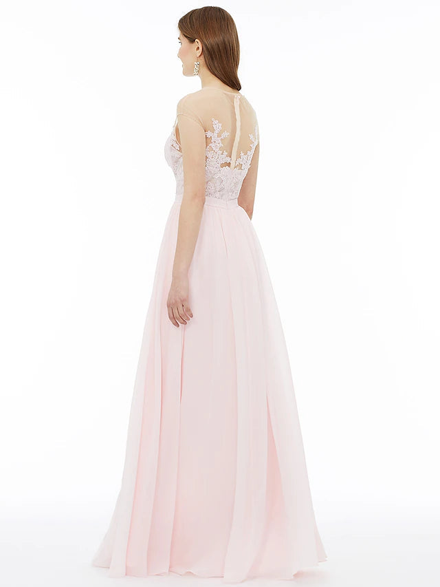 Luolandi A-Line Bridesmaid Dress Illusion Neck Sleeveless Illusion Detail Floor Length Chiffon / Floral Lace with Sash / Ribbon