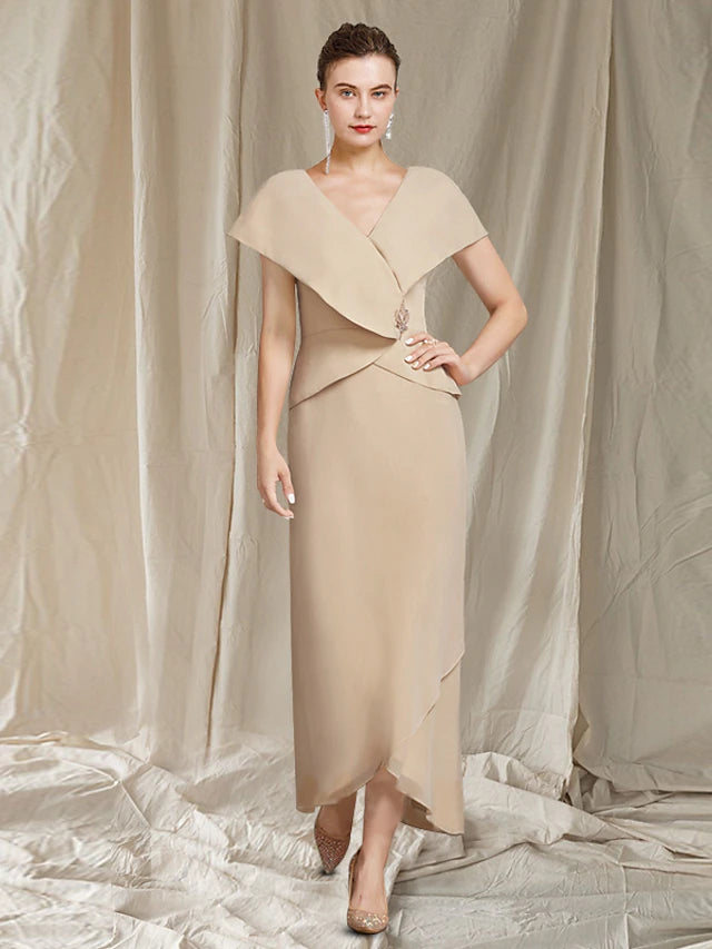Luolandi Sheath / Column Mother of the Bride Dress Elegant High Low V Neck Asymmetrical Ankle Length Chiffon Short Sleeve with Ruffles Crystal