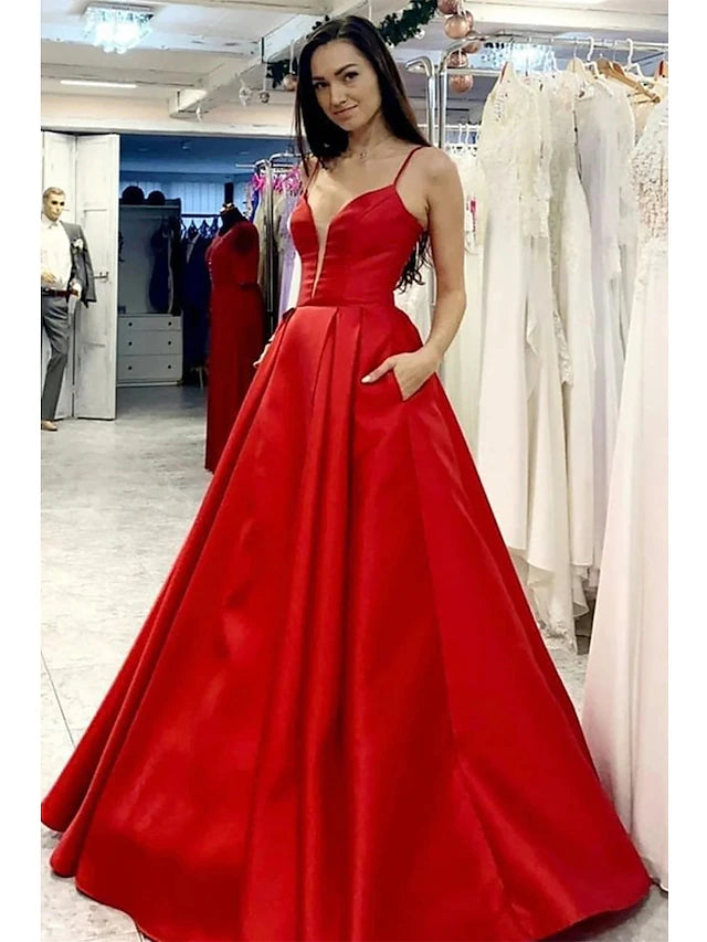 Luolandi A-Line Prom Dresses Minimalist Dress Formal Floor Length Sleeveless V Neck Pocket Satin