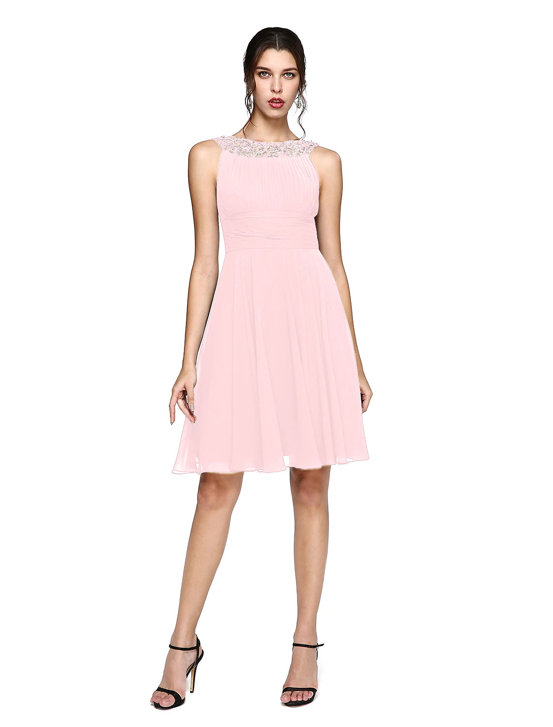 Luolandi A-Line Cocktail Dresses Party Dress Wedding Guest Cocktail Party Knee Length Sleeveless Illusion Neck Chiffon with Ruched Sequin Lace