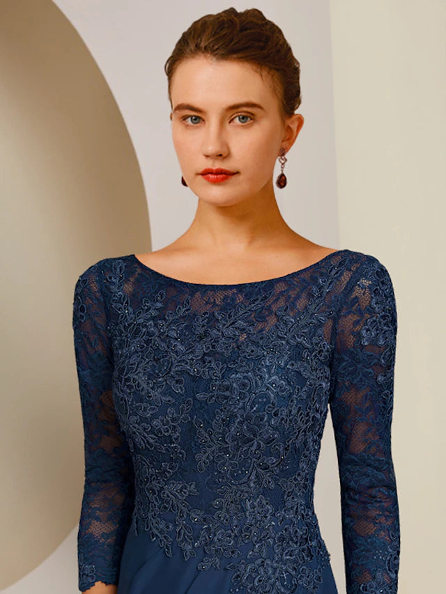 Luolandi A-Line Mother of the Bride Dress Elegant Scoop Neck Floor Length Chiffon Lace 3/4 Length Sleeve with Appliques