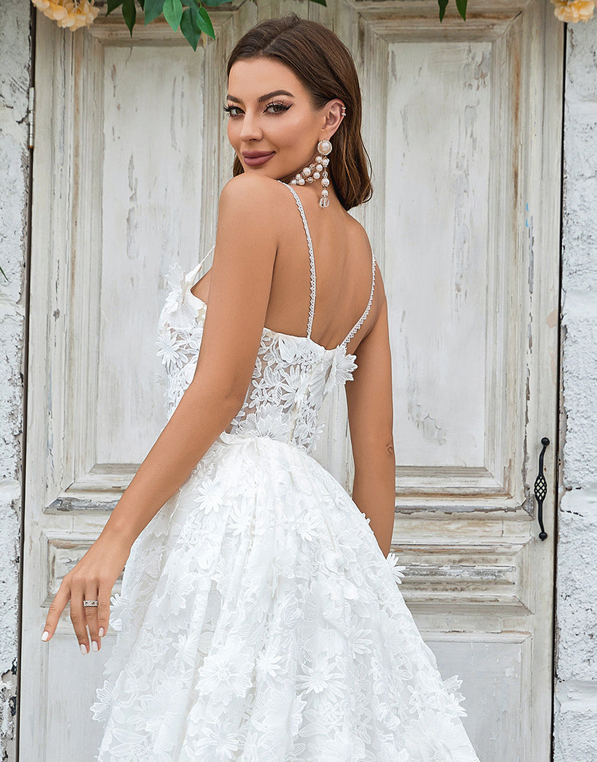 Luolandi Ivory Floral Lace Sweep Train Wedding Dress With Flowers Beautiful