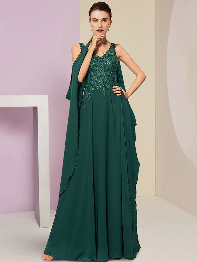 Luolandi Sheath / Column Mother of the Bride Dress Wedding Guest Vintage Party V Neck Floor Length Chiffon Lace Sleeveless with Pleats