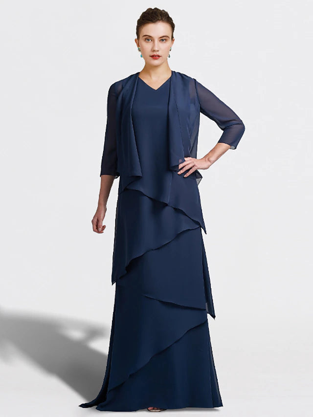 Luolandi Two Piece A-Line Mother of the Bride Dress Plus Size Elegant V Neck Floor Length Chiffon Sleeveless Wrap Included