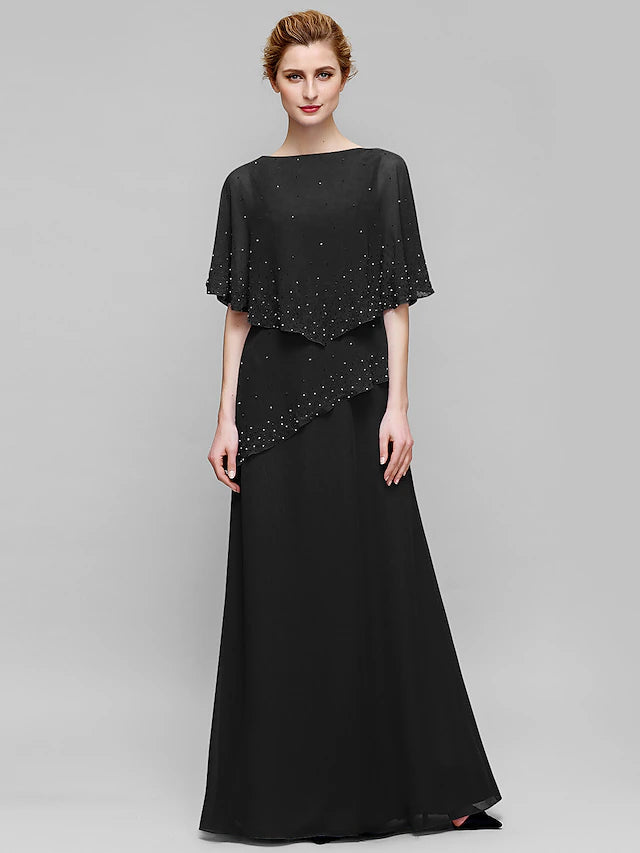Luolandi Sheath / Column Mother of the Bride Dress Elegant Bateau Neck Floor Length Chiffon Sleeveles