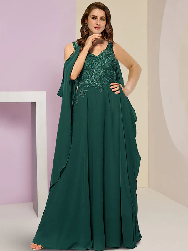 Luolandi Plus Size Curve Mother of the Bride Dress Wedding Guest Vintage Party V Neck Floor Length Chiffon Lace Sleeveless with Pleats