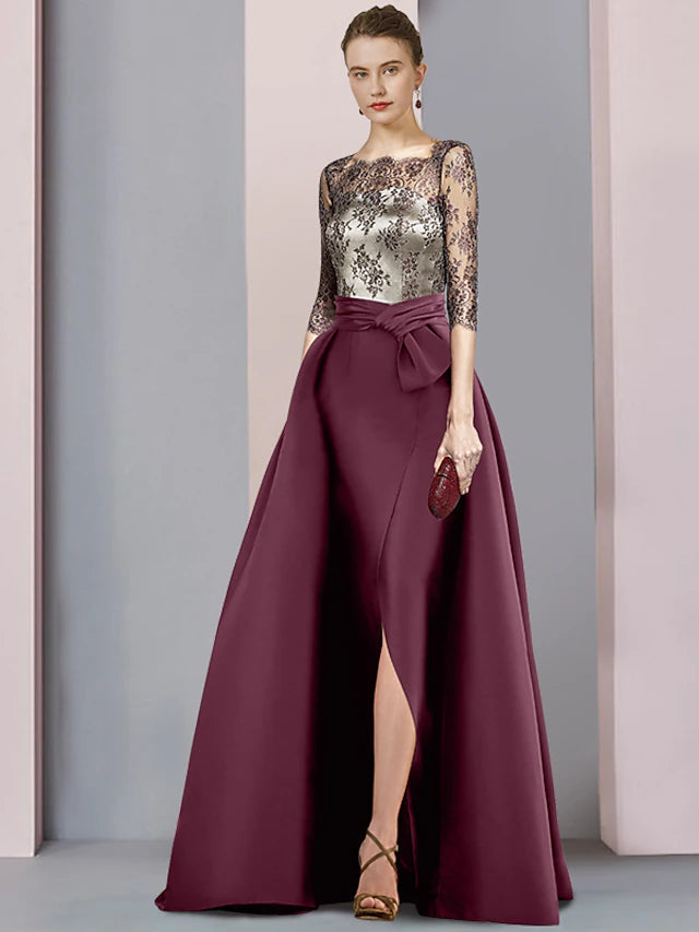 Luolandi A-Line Mother of the Bride Dress Wedding Guest Elegant Square Neck Floor Length Satin Lace Half Sleeve with Split Front