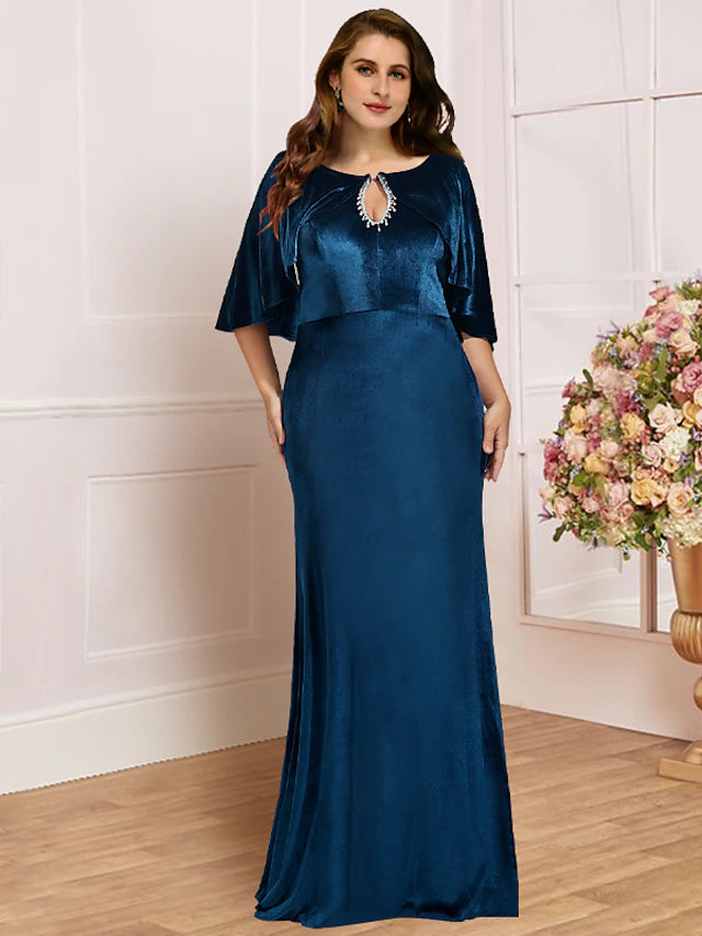 Luolandi Plus Size Curve Mother of the Bride Dress Wedding Guest Vintage Elegant Scoop Neck Sweep / Brush Train Velvet Half Sleeve with Beading