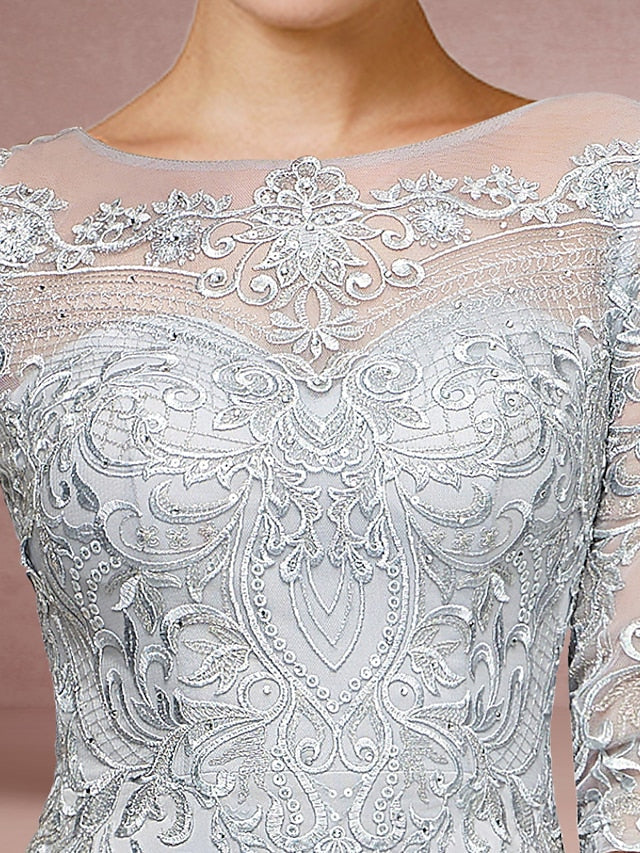 Luolandi Sheath / Column Mother of the Bride Dress Wedding Guest Vintage Elegant Scoop Neck Sweep / Brush Train Chiffon Lace Half Sleeve