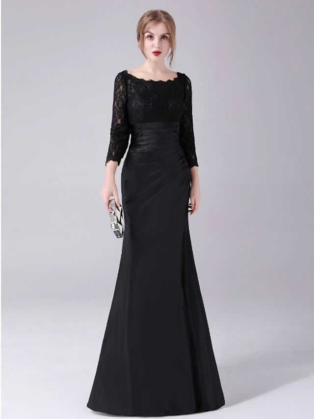 Luolandi Mermaid / Trumpet Mother of the Bride Dress Plus Size Elegant Jewel Neck Floor Length Satin 3/4 Length Sleeve with Lace