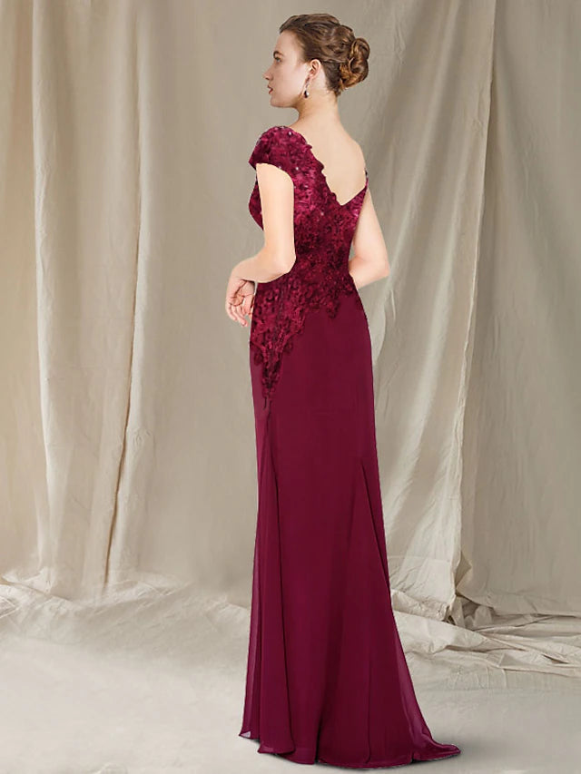 Luolandi A-Line Mother of the Bride Dress Elegant Jewel Neck Sweep / Brush Train Chiffon Lace Short Sleeve