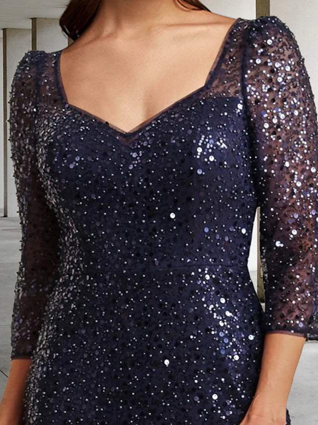 Luolandi Sheath / Column Mother of the Bride Dress Elegant Sparkle & Shine Square Neck Floor Length Tulle Sequined 3/4 Length Sleeve with Beading Sequin Split