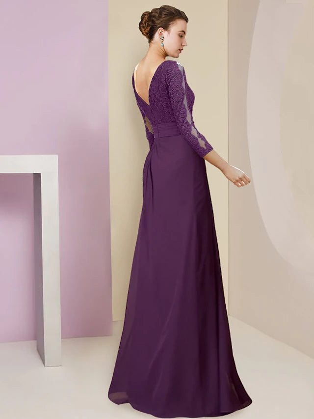 Luolandi Sheath / Column Mother of the Bride Dress Formal Elegant Scoop Neck Floor Length Chiffon Lace 3/4 Length Sleeve with Flower