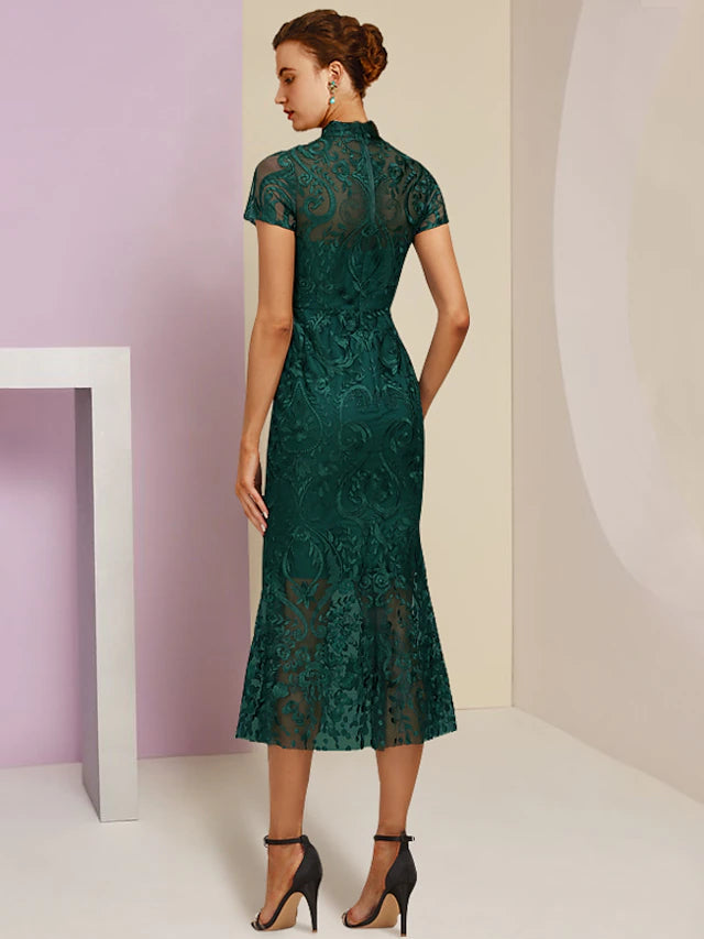 Luolandi Sheath / Column Mother of the Bride Dress Wedding Guest Elegant High Neck Tea Length Lace Short Sleeve