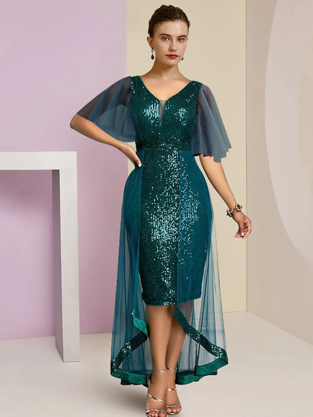 Luolandi Sheath / Column Mother of the Bride Dress Formal Wedding Guest Elegant Sparkle & Shine High Low V Neck Knee Length Chiffon Sequined Short Sleeve