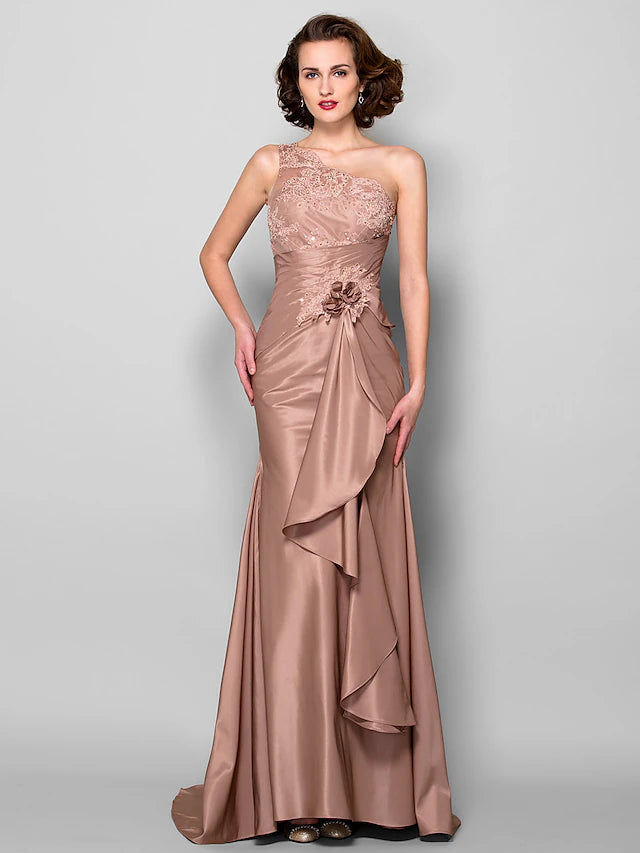 Luolandi Mermaid / Trumpet Mother of the Bride Dress Floral One Shoulder Sweep / Brush Train Lace Taffeta Sleeveless