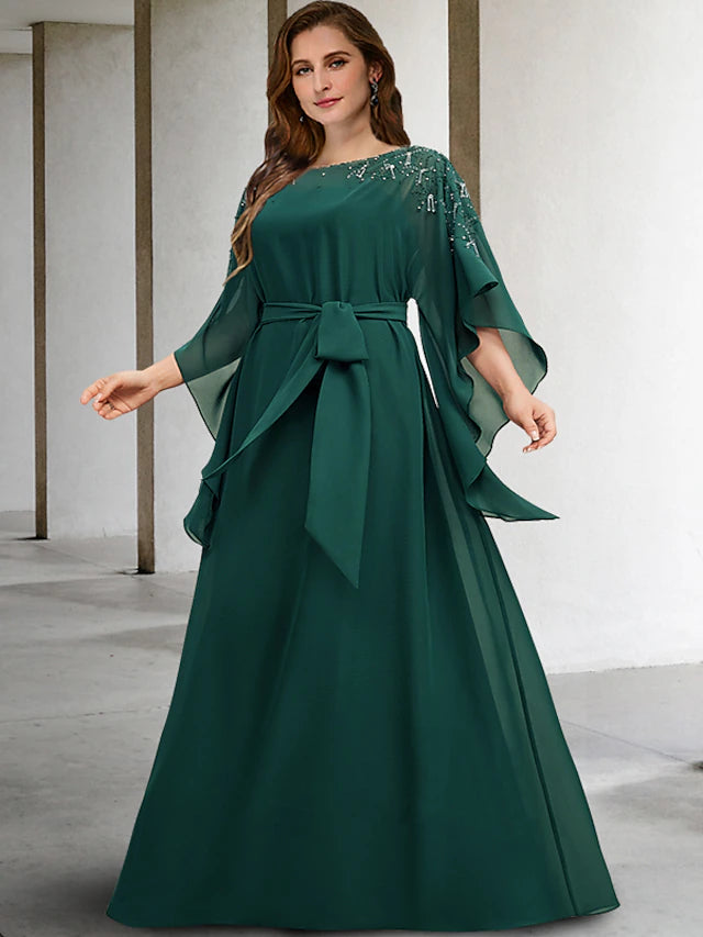 Luolandi A-Line Plus Size Curve Mother of the Bride Dresses Elegant Dress Formal Floor Length Half Sleeve Jewel Neck Chiffon with Beading