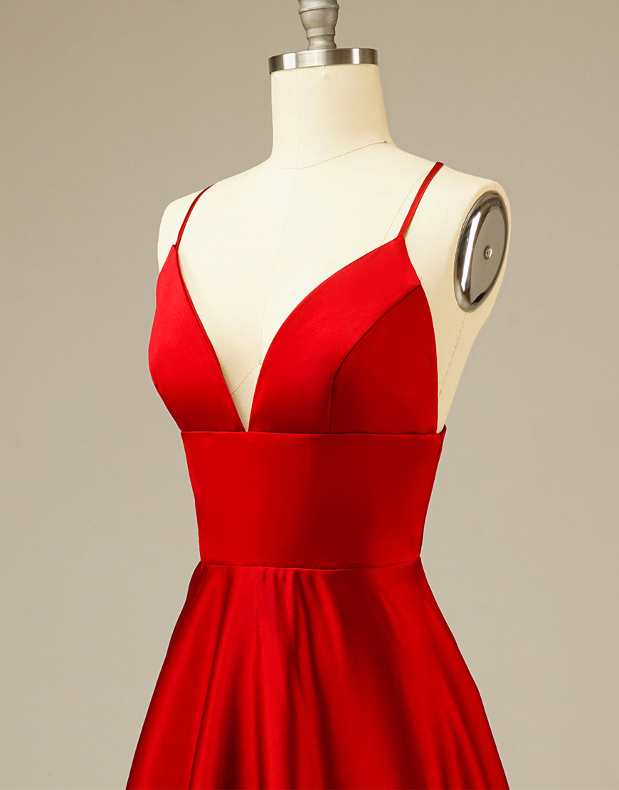Luolandi Simple Long Satin Red Prom Dress V-neck Floor Length Sexy Evening Dresses