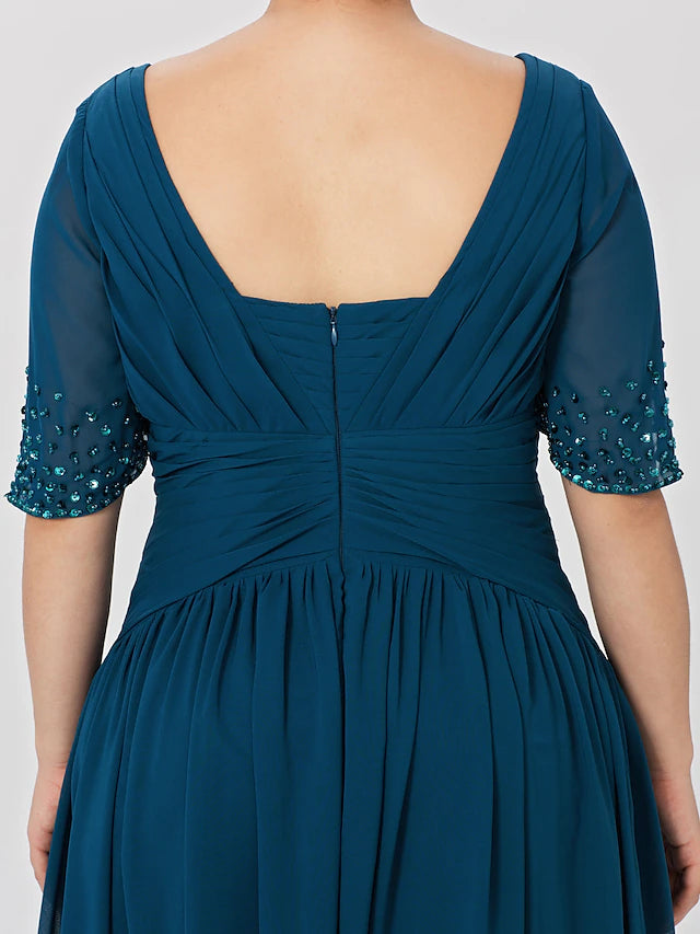 Luolandi Ball Gown A-Line Mother of the Bride Dress Formal Classic & Timeless Elegant & Luxurious Plus Size Square Neck Floor Length Chiffon Short Sleeve No with Pleats