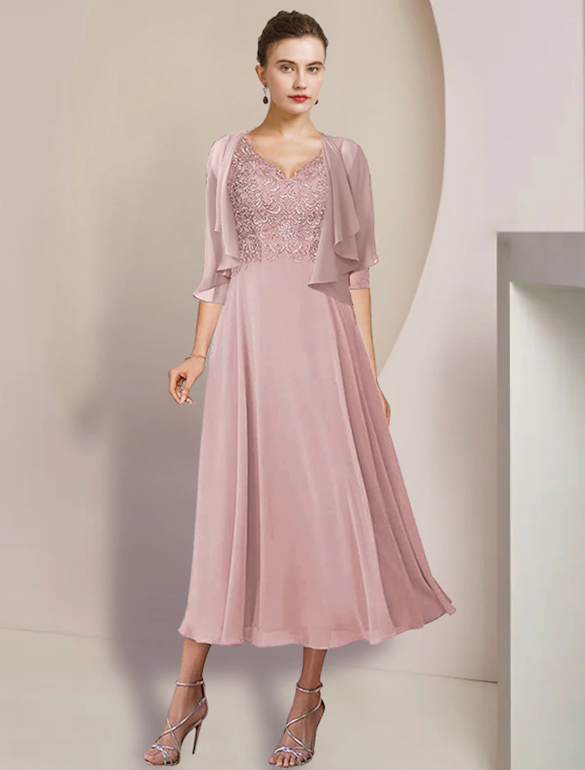 Luolandi Two Piece A-Line Mother of the Bride Dress Formal Wedding Guest Elegant V Neck Tea Length Chiffon Lace 3/4 Length Sleeve Wrap Included