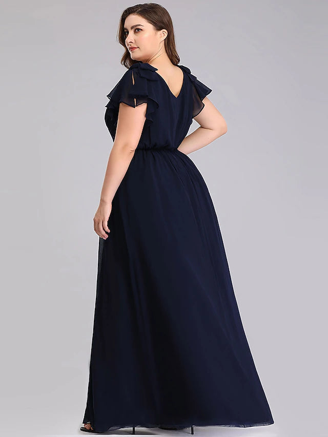 Luolandi A-Line Mother of the Bride Dress Plus Size V Neck Floor Length Chiffon Short Sleeve with Ruffles