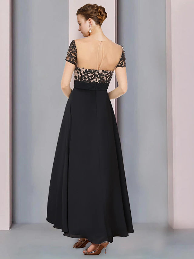 Luolandi Sheath / Column Mother of the Bride Dress Wedding Guest Vintage Elegant Scoop Neck Asymmetrical Chiffon Short Sleeve