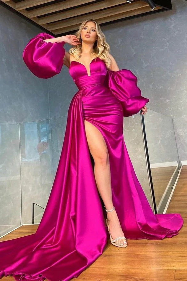 Luolandi Fuchsia Detachable Sleeves Mermaid Prom Dress Slit With Ruffles Sexy Evening Dress Solid Color