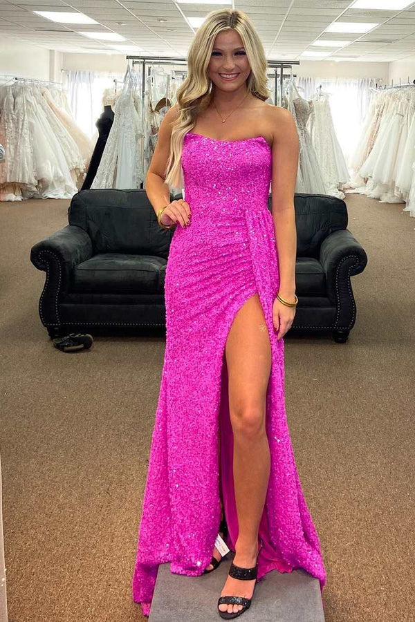 Luolandi Fuchsia Mermaid Strapless Sequins Lace-Up Long Prom Dress with Slit Sparkly Evening Dress